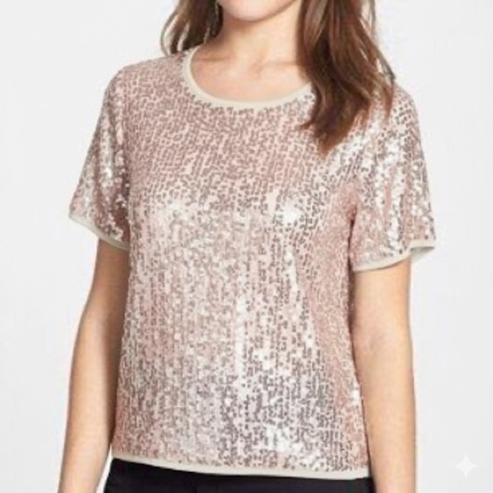 NWT Pleione Sequin Sparkle Short Sleeve Blouse Top Party Pink Silver Sz XSP